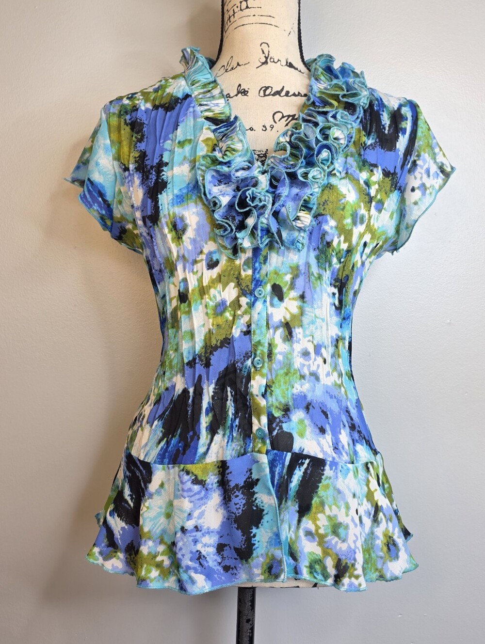 Y2k East 5th Blue, Green & White Ruffle-Trim Button Front Blouse Sz Small